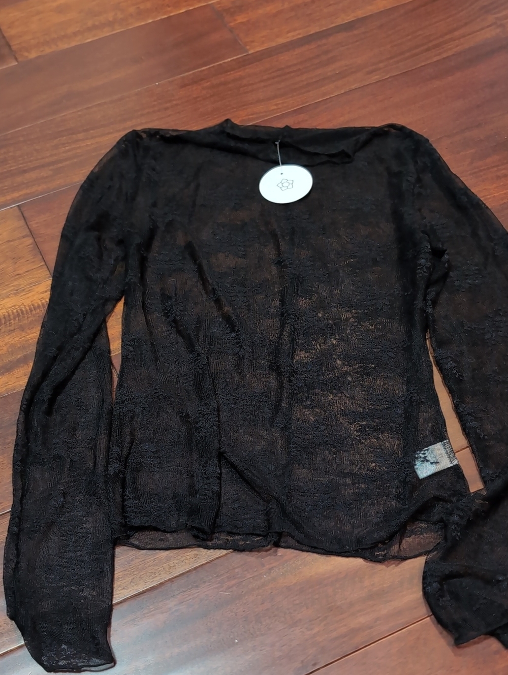 Women's Black Sheer Long-Sleeve Crewneck Top
